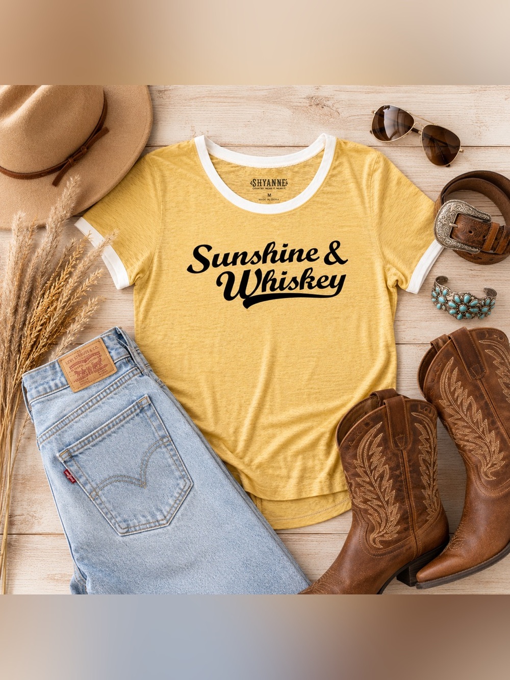 Shyanne Sunshine & Whiskey Graphic Ringer Tee | Medium | Western Country